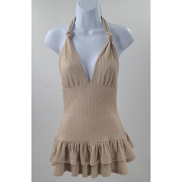 Shein Allurite Deep Vneck Halter Ruffle hem mini dress beige Size Small Festival - Picture 3 of 8